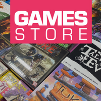Games Store, written in white with a pink background, over the top of a number of games laid out
