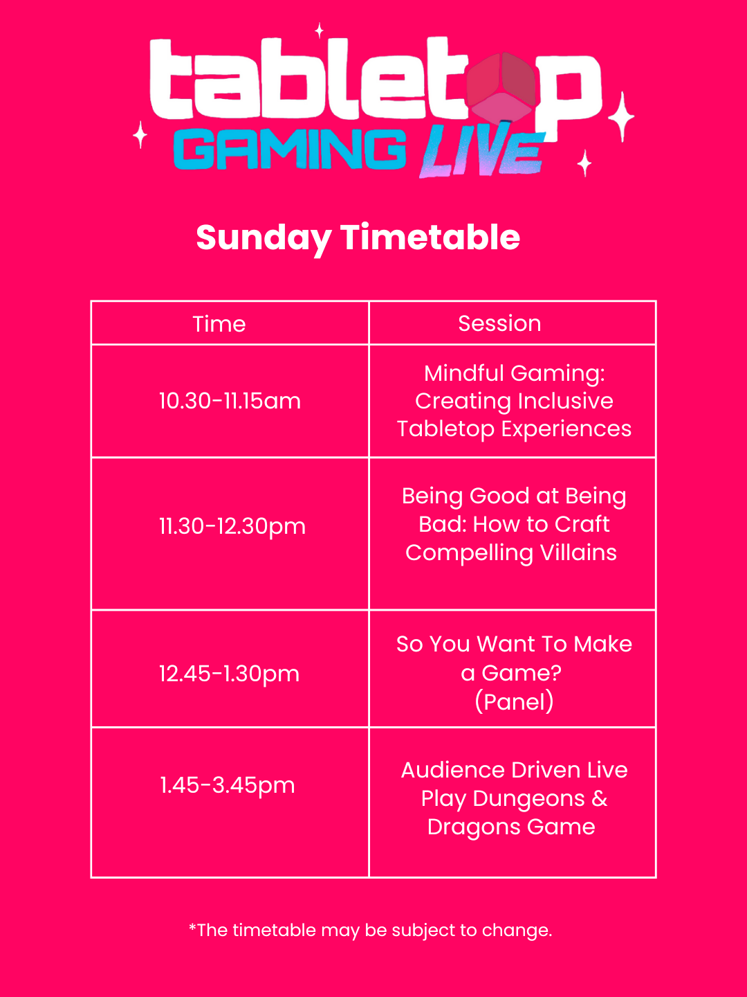 Tabletop Gaming Live Sunday Timetable